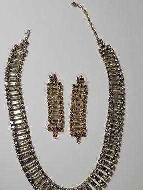Gold Tone Crystal Baguette Necklace and Earrings Set - Elegant Women's Jewelry
